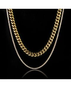 3mm Tennis Chain + 8mm Stainless Steel Cuban Chain Set in Gold