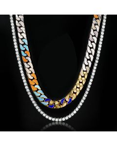 5mm Tennis Chain in White Gold + 13mm Multi-color Half-Iced Cuban Chain Set