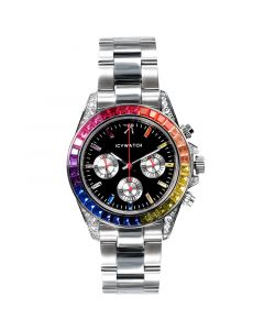 40mm Rainbow Iced Black Dial Watch in White Gold