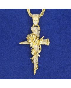 Iced Rose Cross Pendant in Gold
