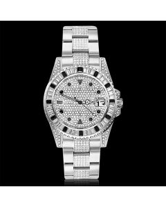 Iced Black Stones Rotatable Bezel Watch in White Gold