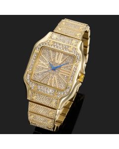 Iced Square Roman Numerals Men's Watch in Gold