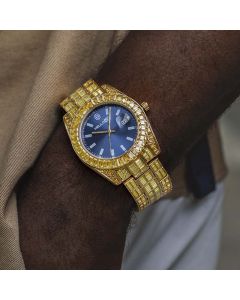 40mm Yellow Baguette Cut Blue Dial Watch in Gold