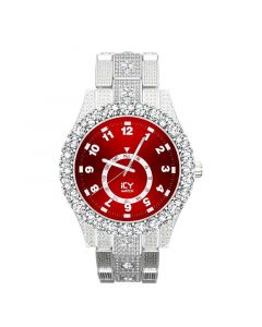 Iced Arabic Numerals Red Dial Men's Watch in White Gold