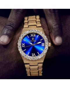 Iced Blue Luminous Roman Numerals Men's Watch in Gold