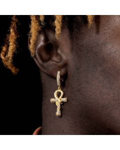 Iced Ankh Ouroboros Cross Dangle Earrings in Gold