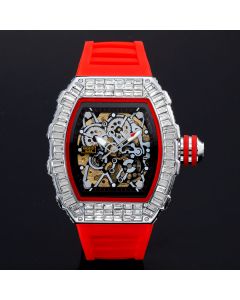 Baguette Cut Mechanical Men's Watch with Red Silicone Strap