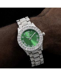 Iced Roman Numerals Green Dial Men's Watch in White Gold