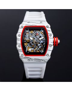 Hollow Mechanical Men's Watch with White Silicone Strap