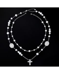 Layered Virgin Mary and Jesus Cross Pearl Necklace