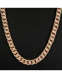 Iced 13mm White & Pink Cuban Chain in Gold