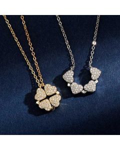 Micro Pave Magnetic Four-Heart Clover Deformed Necklace
