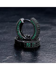 Iced Emerald & Black Stones Hoop Earring In Black Gold