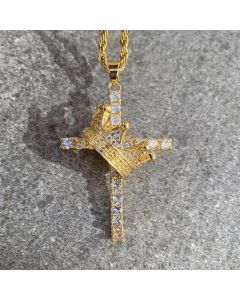 Iced Cross King Crown Pendant in Gold