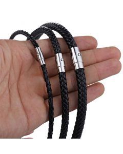 4mm/6mm/7mm Men's Black Braided Rope Leather Necklace Choker with Magnetic Clasp