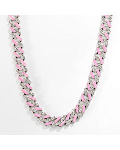 11mm White Stones & Pink Enamel Cuban Chain in White Gold