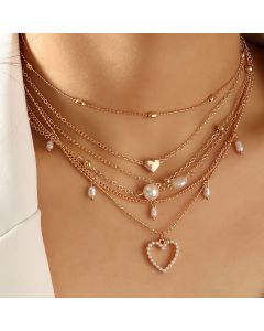 5Pcs Baroque Pearl Heart Choker  Multilayer Necklaces