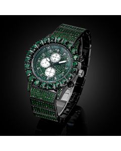 Iced Emerald Round Cut Luminous Men's Watch in Black Gold