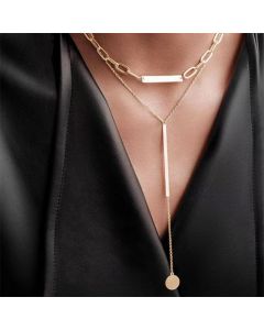 Gold Bar Disc Layered Necklace