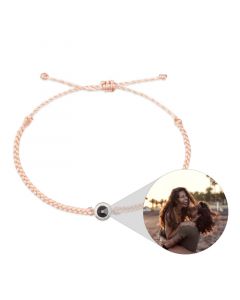 Personalized Circle Projection Photo Bracelet White Gold with Pink Rope