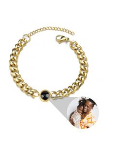 Personalized Circle Projection Photo Bracelet with Cuban Chain in Gold