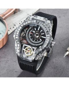 Baguette Cut Men's Watch with Black Silicone Strap