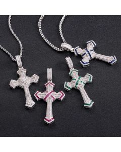 Iced Baguette Cut Cross Pendant in White Gold-Emerald/Blue/Red/White