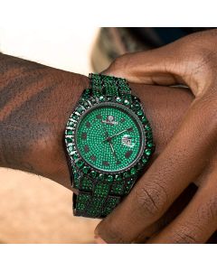 Iced Emerald Roman Numerals Round Cut Men's Watch in Black Gold