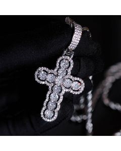 Iced Hollow Round Cut Cross Pendant in White Gold