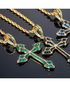 Iced Emerald/Purple/Blue/Black Cross Pendant in Gold