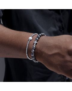 2pcs Lava Stones & Steel Beads Stretch Bracelet