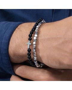 Double Chain Black Obsidian Adjustable Cross Bracelet