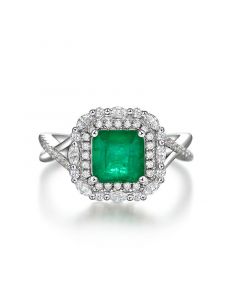 Luxury Emerald Halo Engagement Ring in Sterling Silver