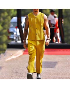 Stylish Yellow Button Vest Casual Pants Two Piece