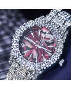 Fully Iced Red Sea Shell Dial Mens Watch in White Gold