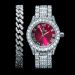 Iced Roman Numerals Red Dial Men's Watch + 8mm Cuban Bracelet Set in White Gold